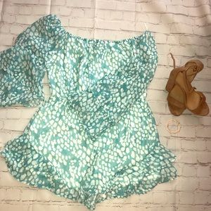 Teal off the shoulder float romper